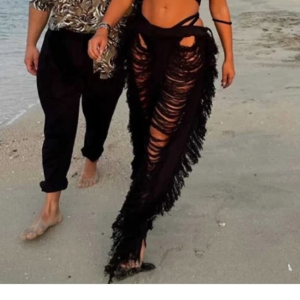 Black Fringe Ripped Beach Pants
